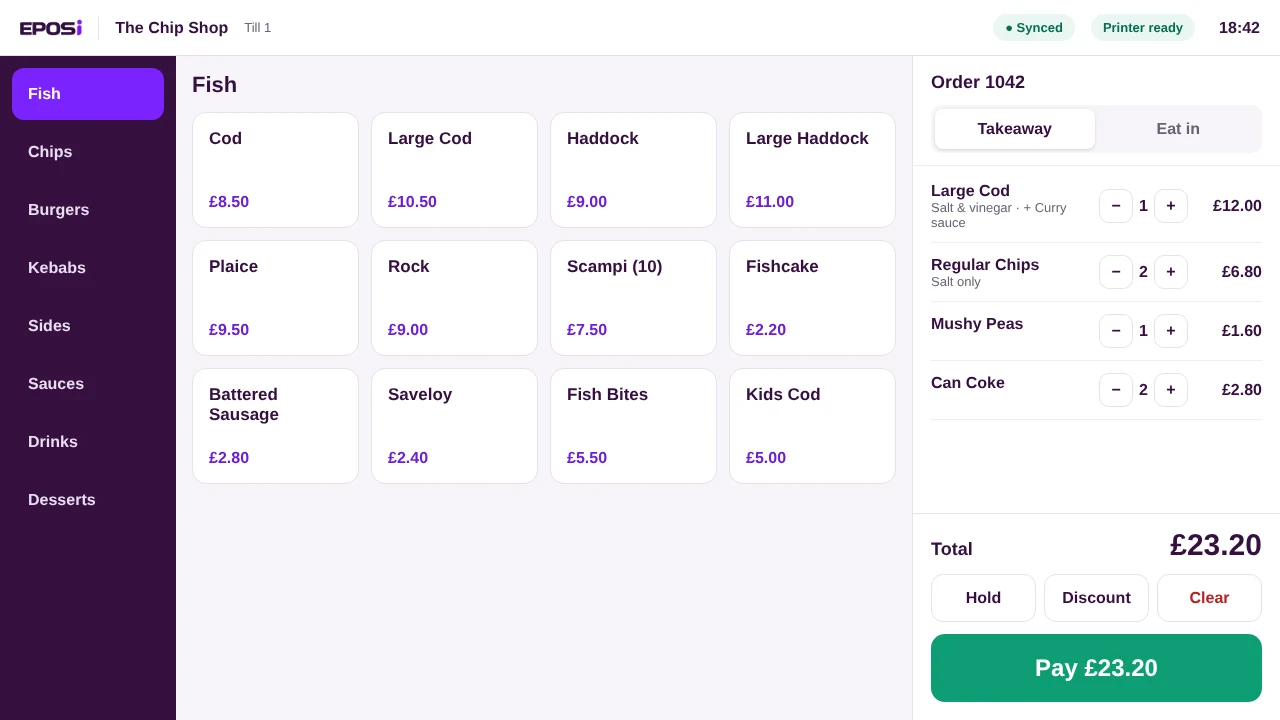 EPOSi till screen at a fish and chip shop, with a takeaway order and kitchen options